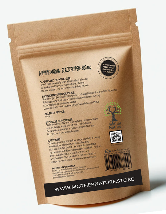 Ashwagandha & Black Pepper Capsules 600 mg – Vegan Capsules – Plant-Based Formula – Mother Nature - MOTHER NATURE SUPPLEMENTS