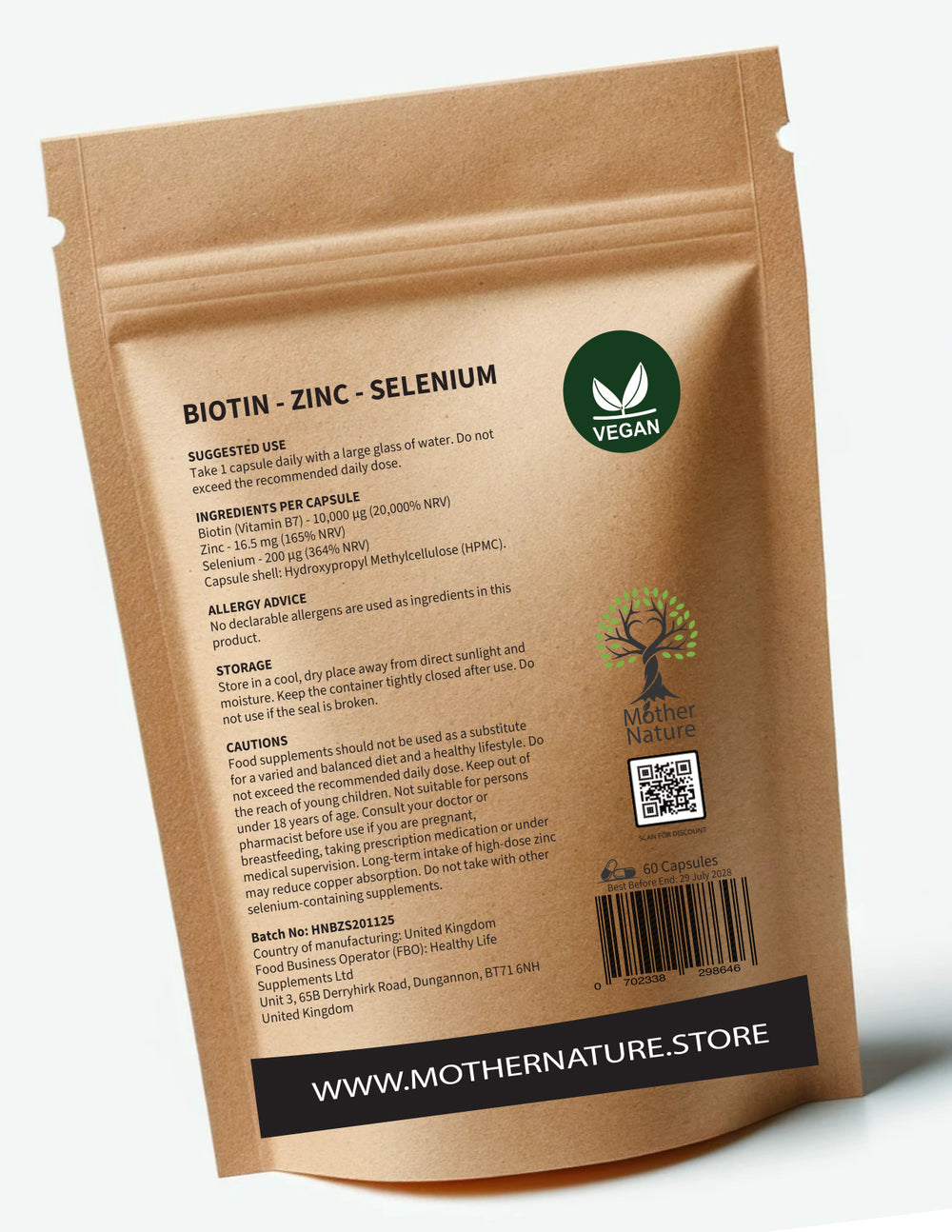 Biotin 10,000mcg with Zinc & Selenium – Clean Vegan Capsules | Mother Nature