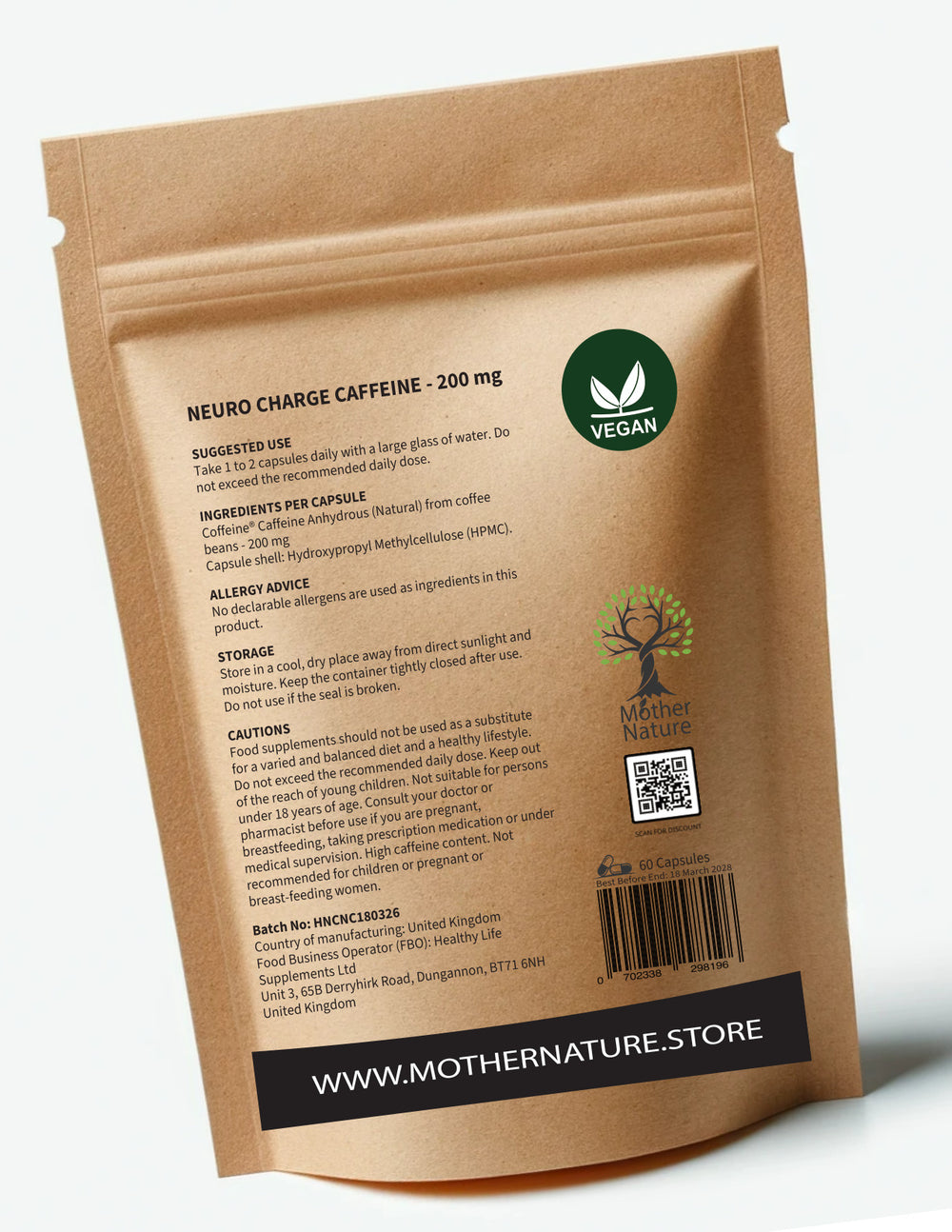 Caffeine Capsules 200 mg – Mother Nature - bottle back