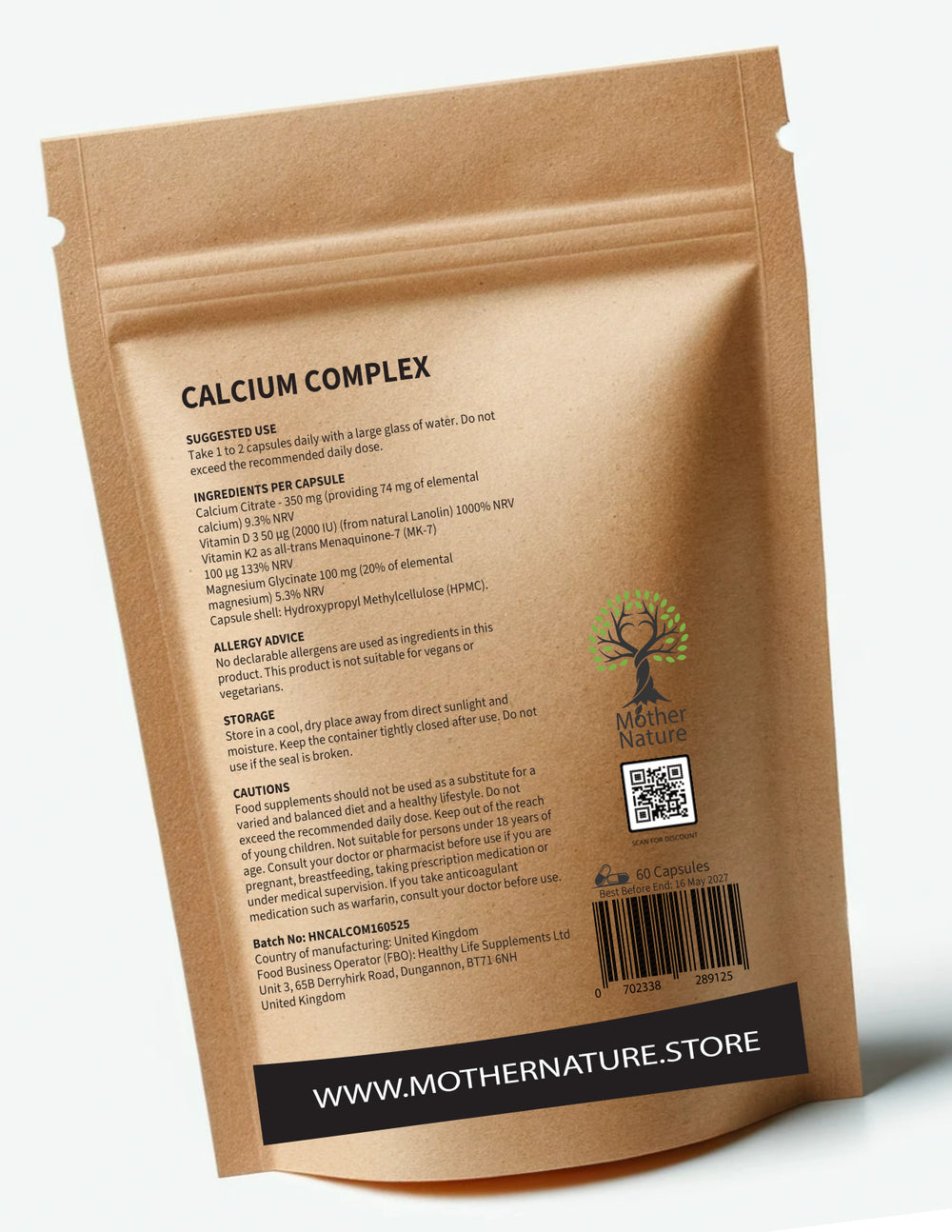 Calcium Complex 500 mg – Vitamin D3 - Vitamin K2 - Magnesium Glycinate - Mother Nature