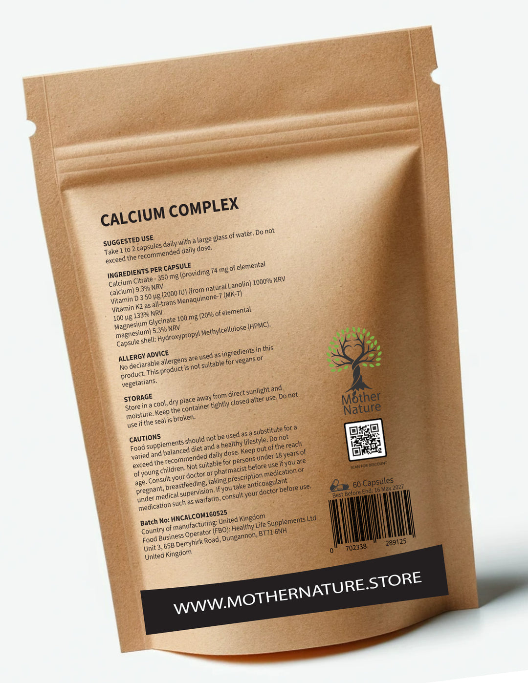 Calcium Complex 500 mg – Vitamin D3 - Vitamin K2 - Magnesium Glycinate - Mother Nature