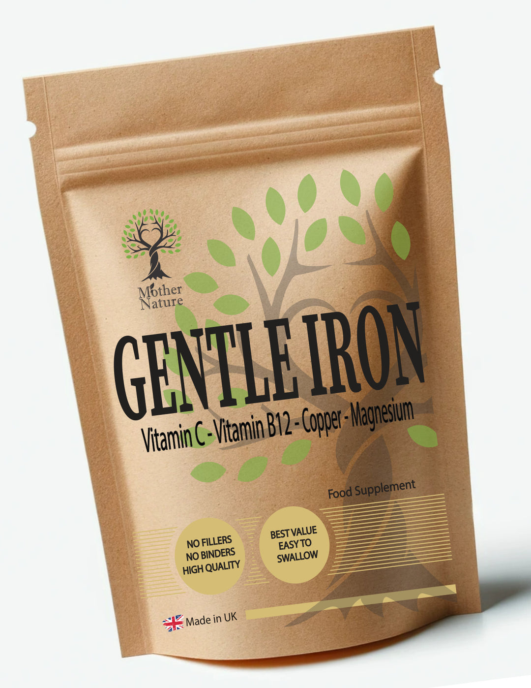 Gentle Iron Bisglycinate 28mg with Vitamin C, B12 & Magnesium – Mother Nature - bottle front