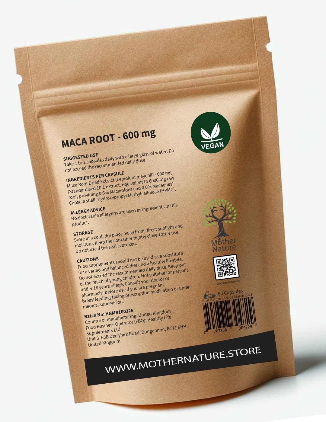 Maca Root Capsules 600 mg – Mother Nature - bottle back