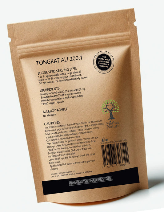 Tongkat Ali Capsules 200:1 Extract 2% Eurycomanone Tongkat Ali 500mg High Strength Natural UK Supplement Vegan
