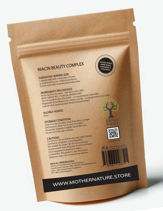 Beauty Complex Niacin 400mg Zinc - Biotin - Flush Capsules Nicotinic Acid Vegan - Mother Nature - MOTHER NATURE SUPPLEMENTSBeauty Complex Niacin 400mg Zinc - Biotin - Flush Capsules Nicotinic Acid Vegan - Mother NatureDiet Supplementss