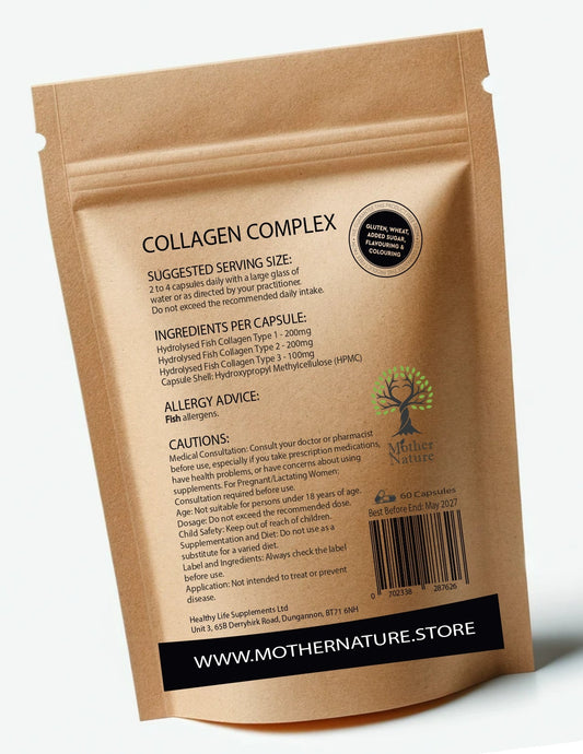 Collagen Complex 500mg Hydrolysed Marine Collagen Type I - II - III Collagen Capsules Natural Eco - friendly Supplements - MOTHER NATURE SUPPLEMENTSCollagen Complex 500mg Hydrolysed Marine Collagen Type I - II - III Collagen Capsules Natural Eco - friendly SupplementsDiet Supplementss