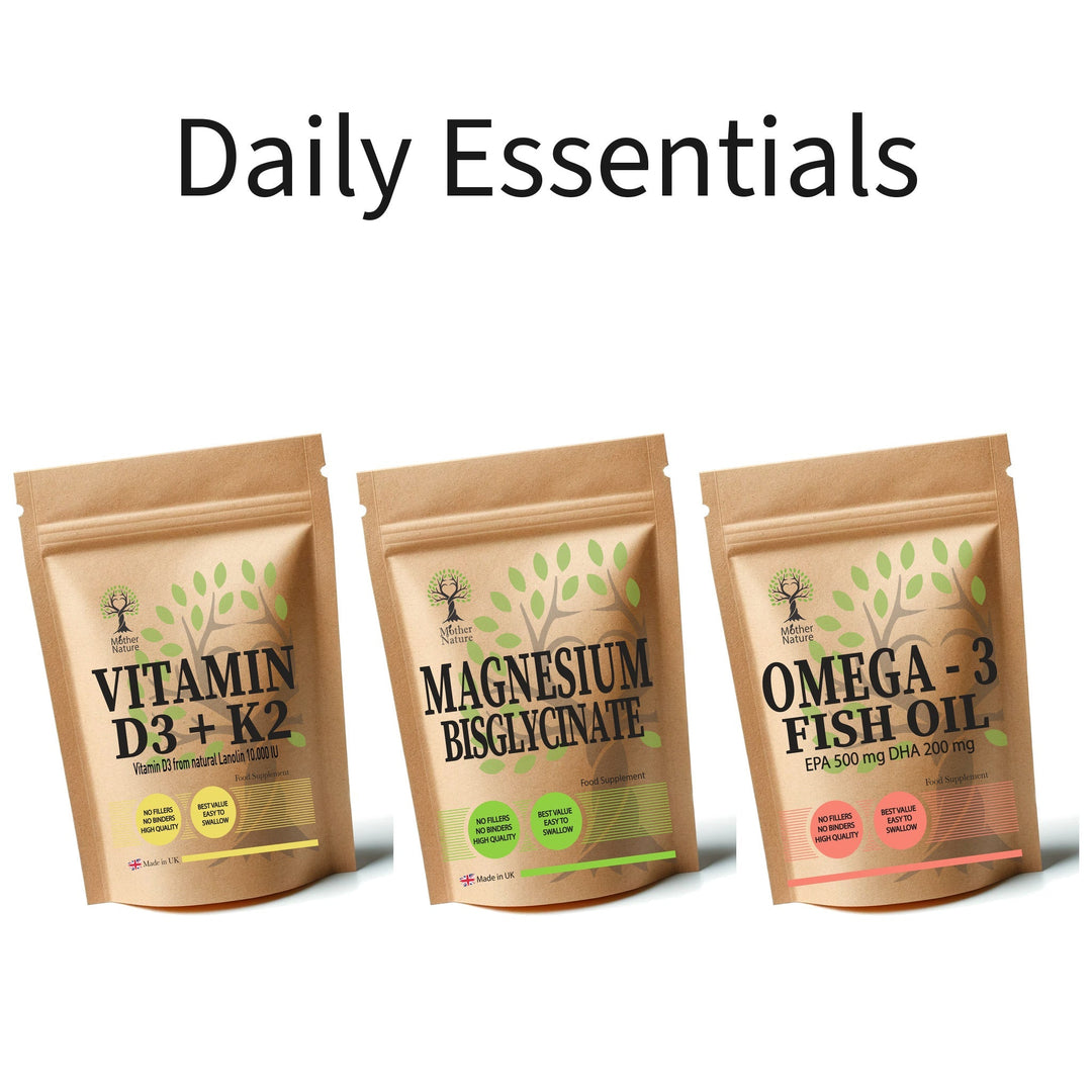 Daily Essentials Stack – Vitamin D3 & K2, Magnesium & Omega 3 – Mother Nature - MOTHER NATURE SUPPLEMENTSDaily Essentials Stack – Vitamin D3 & K2, Magnesium & Omega 3 – Mother NatureDiet Supplements
