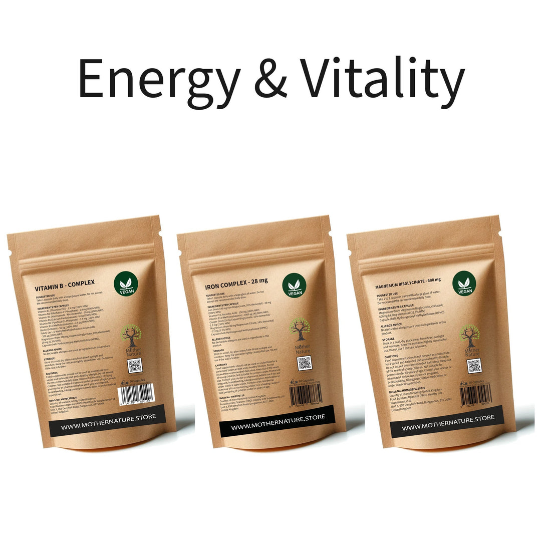Energy & Vitality Stack – Vitamin B Complex, Iron & Magnesium – Mother Nature - MOTHER NATURE SUPPLEMENTSEnergy & Vitality Stack – Vitamin B Complex, Iron & Magnesium – Mother NatureDiet Supplements