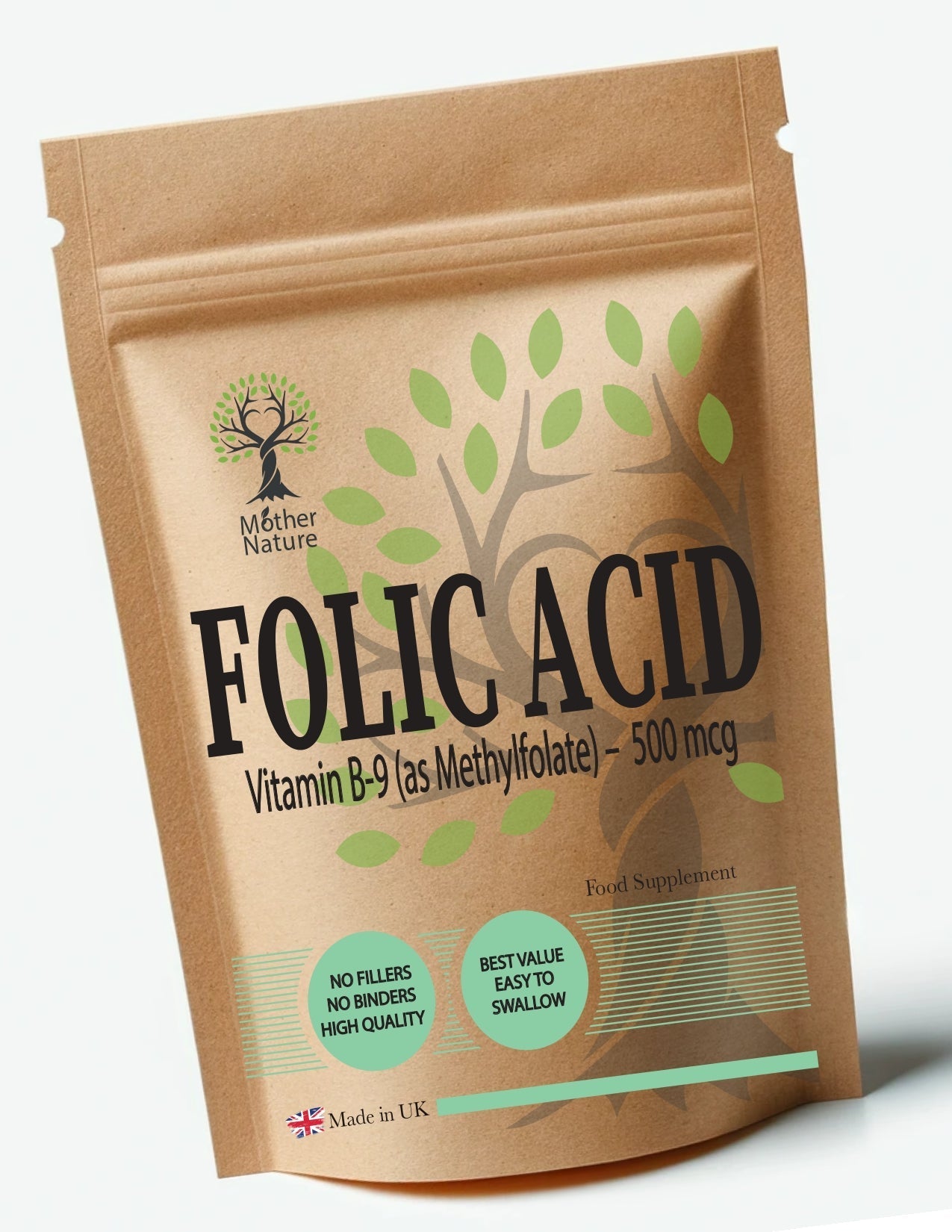 Folic Acid 500 mcg – Vitamin B9 Supplement – Vegan Capsules – Simple Formula – Mother Nature - MOTHER NATURE SUPPLEMENTSFolic Acid 500 mcg – Vitamin B9 Supplement – Vegan Capsules – Simple Formula – Mother NatureDiet Supplementss