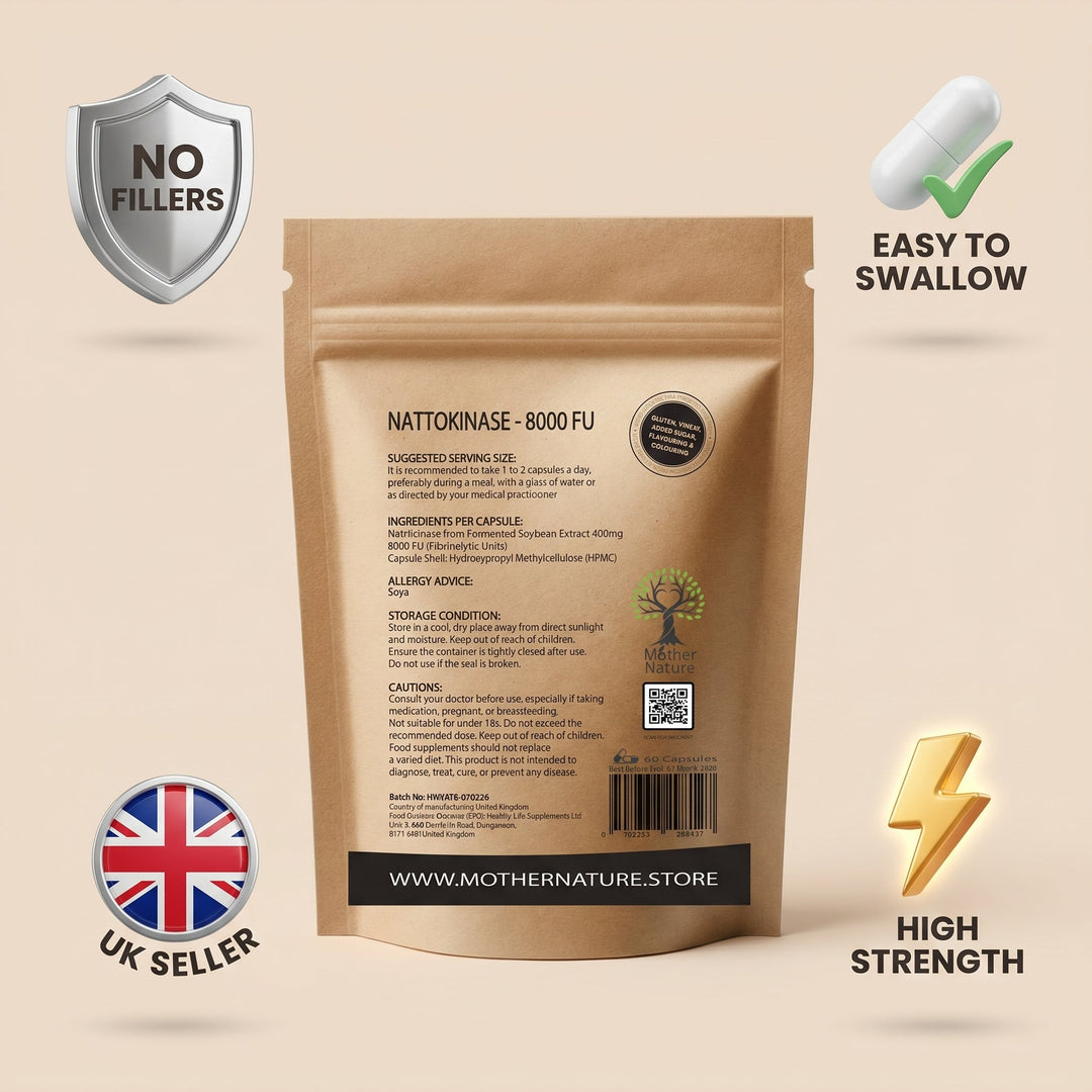 Nattokinase 8000 FU – Fermented Soybean Enzyme Supplement – Vegan Capsules – Mother Nature - MOTHER NATURE SUPPLEMENTSNattokinase 8000 FU – Fermented Soybean Enzyme Supplement – Vegan Capsules – Mother NatureDiet Supplementss