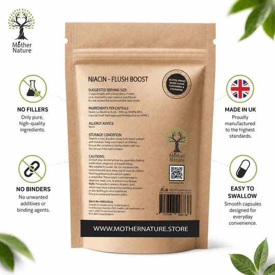 Niacin 500mg Vitamin B3 Strong Flush Capsules Nicotinic Acid Vegan - Mother Nature - MOTHER NATURE SUPPLEMENTSNiacin 500mg Vitamin B3 Strong Flush Capsules Nicotinic Acid Vegan - Mother NatureDiet Supplementss