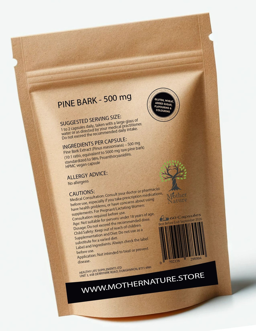 Pine Bark Powder 500 mg – Mother Nature – back label