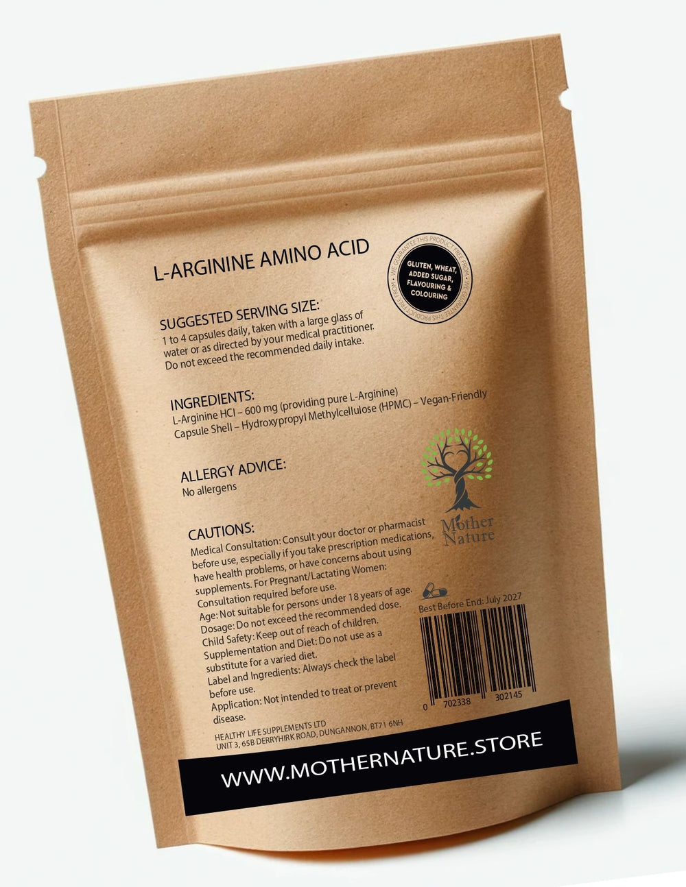 L Arginine 600 mg – Mother Nature – back label