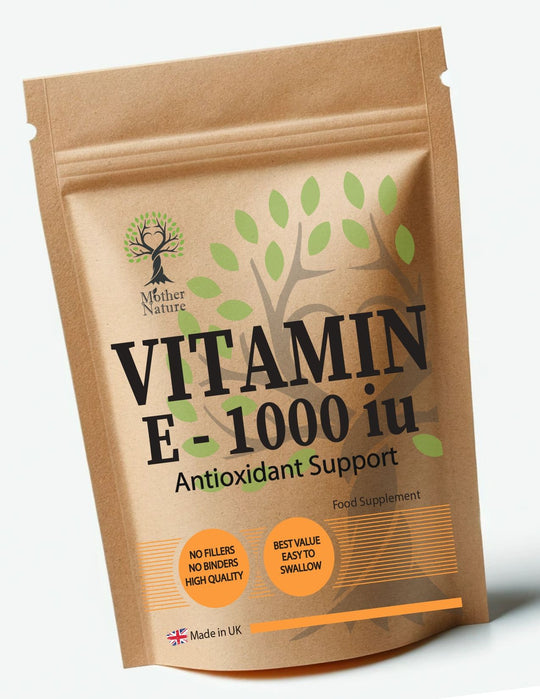 Vitamin E Capsules 1000 IU – Mother Nature – front label