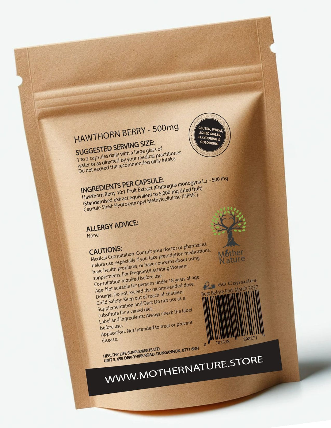 Hawthorn Berry Capsules 500 mg – Mother Nature – back label