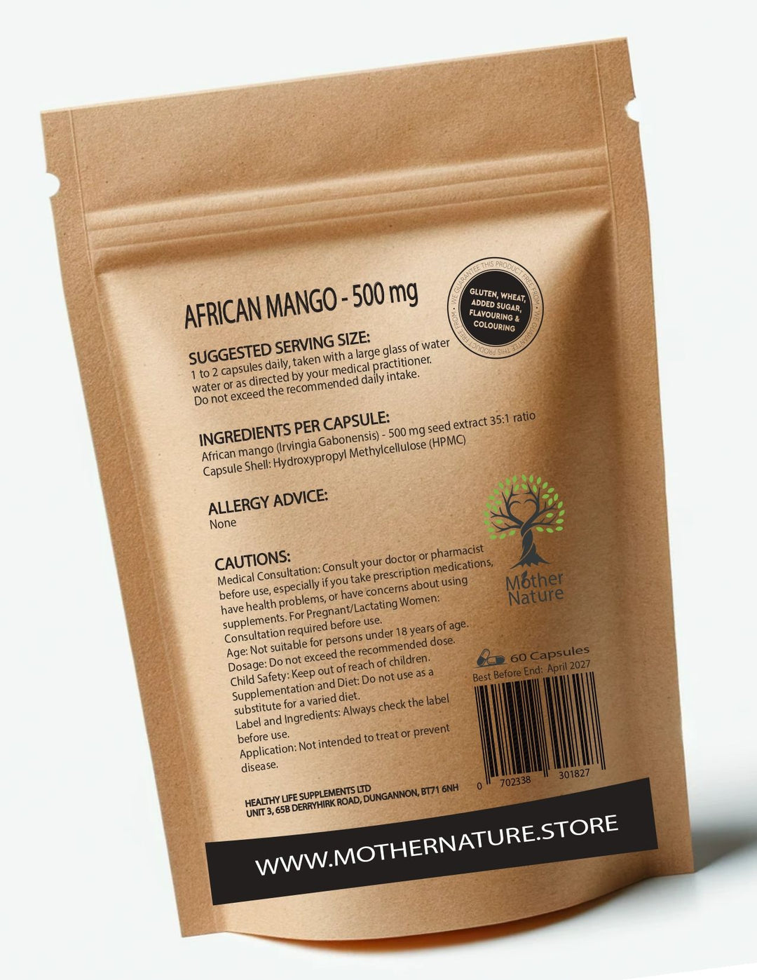 African Mango Seed Extract Capsules 500 mg – Mother Nature – back label