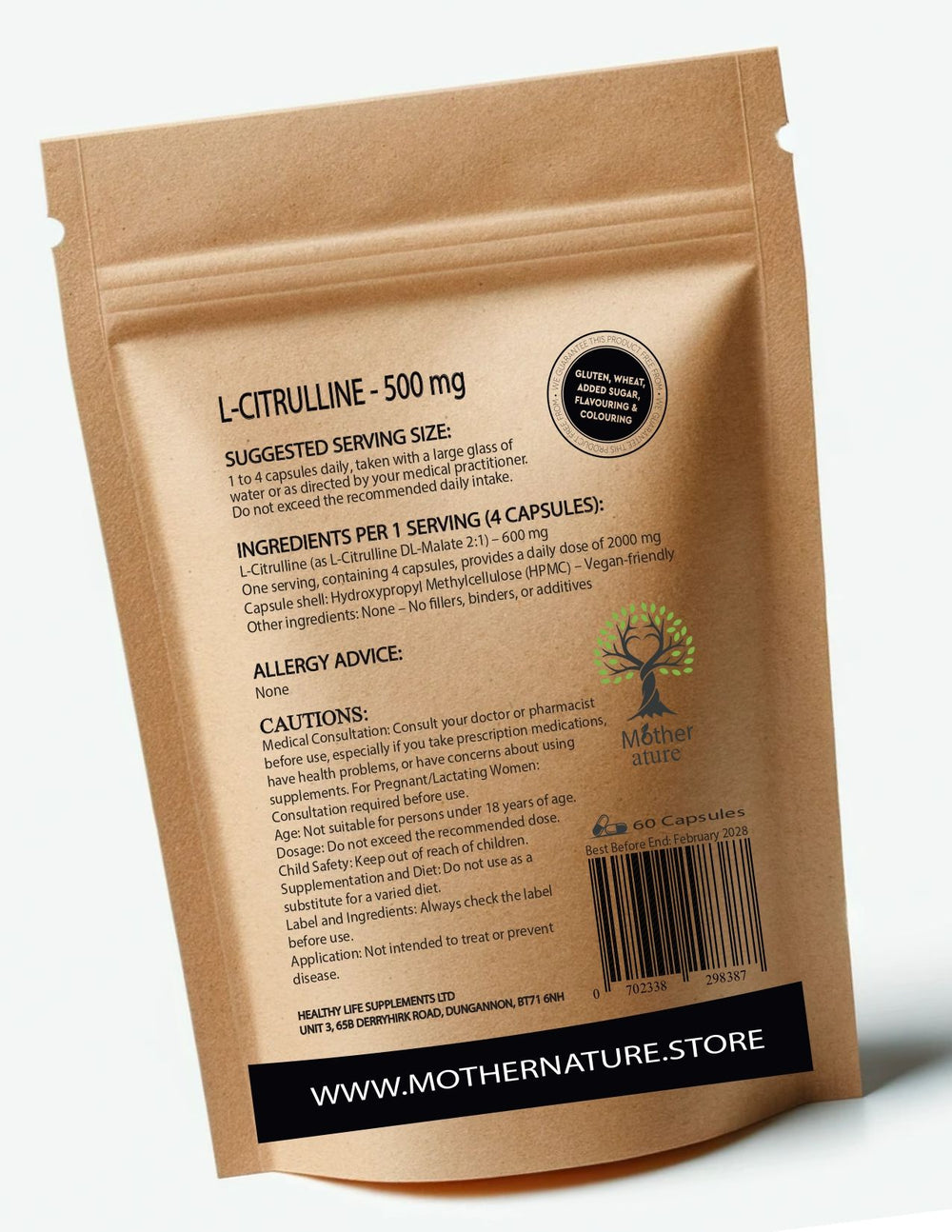 L-Citrulline Capsules 500mg Clean L-Citrulline Powder Best UK Vegan Supplements – back label
