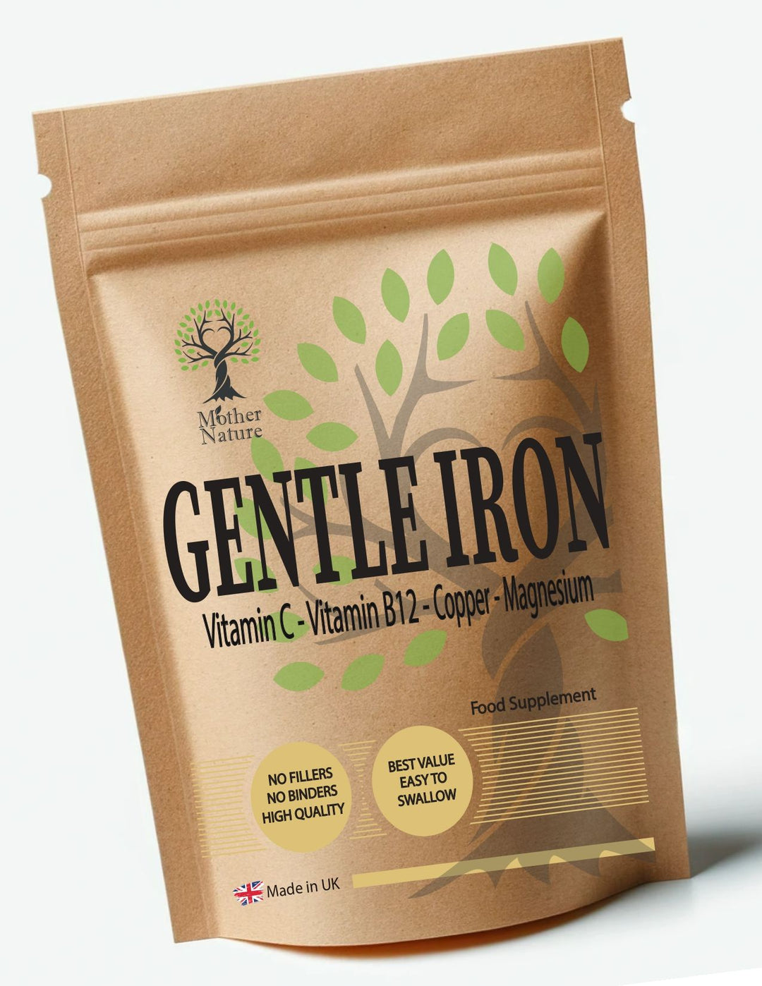 Iron Complex 28mg Iron Bisglycinate Vitamin C, B12 & Magnesium – Mother Nature – front label