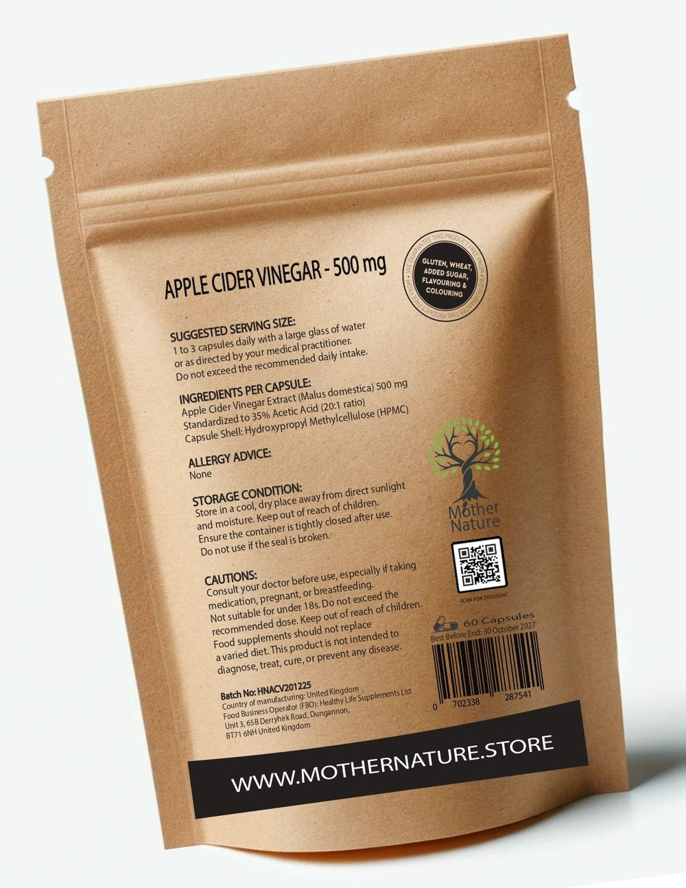 Apple Cider Vinegar Capsules 500 mg – Mother Nature – back label