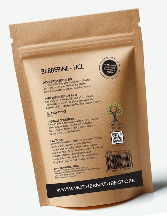 Berberine Extract Capsules 450 mg – Mother Nature – back label