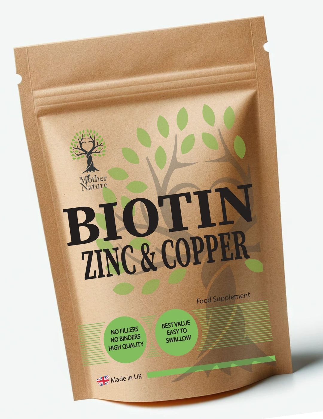 Biotin Capsules 10,000 mcg + Zinc & Copper – Mother Nature – front label