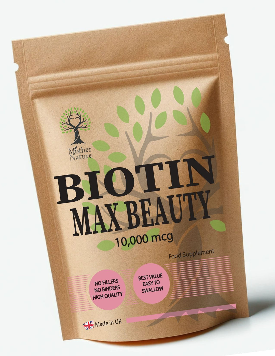 Biotin Capsules 10, 000 mcg Max Beauty Formula – Mother Nature – front label