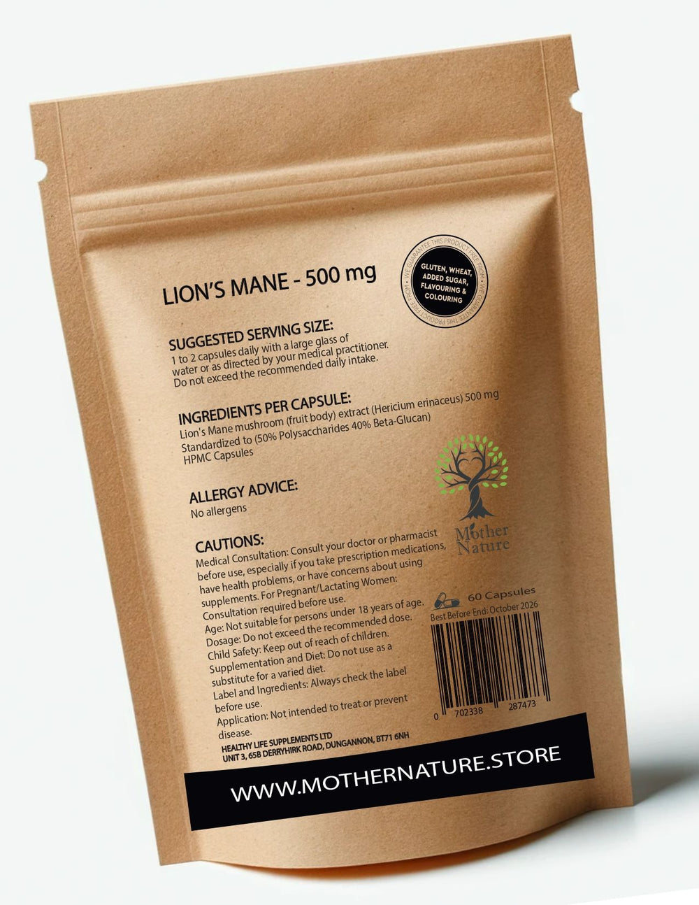 Lion's Mane Mushroom Capsules 500 mg – Mother Nature – back label