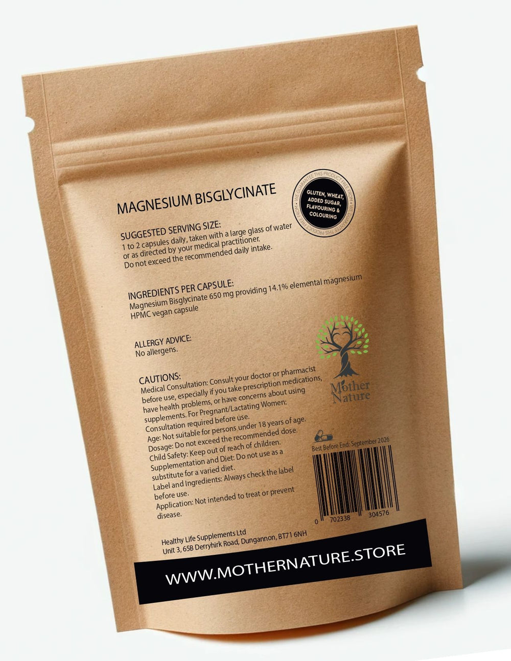 Magnesium Bisglycinate Capsules 600 mg – Mother Nature – back label
