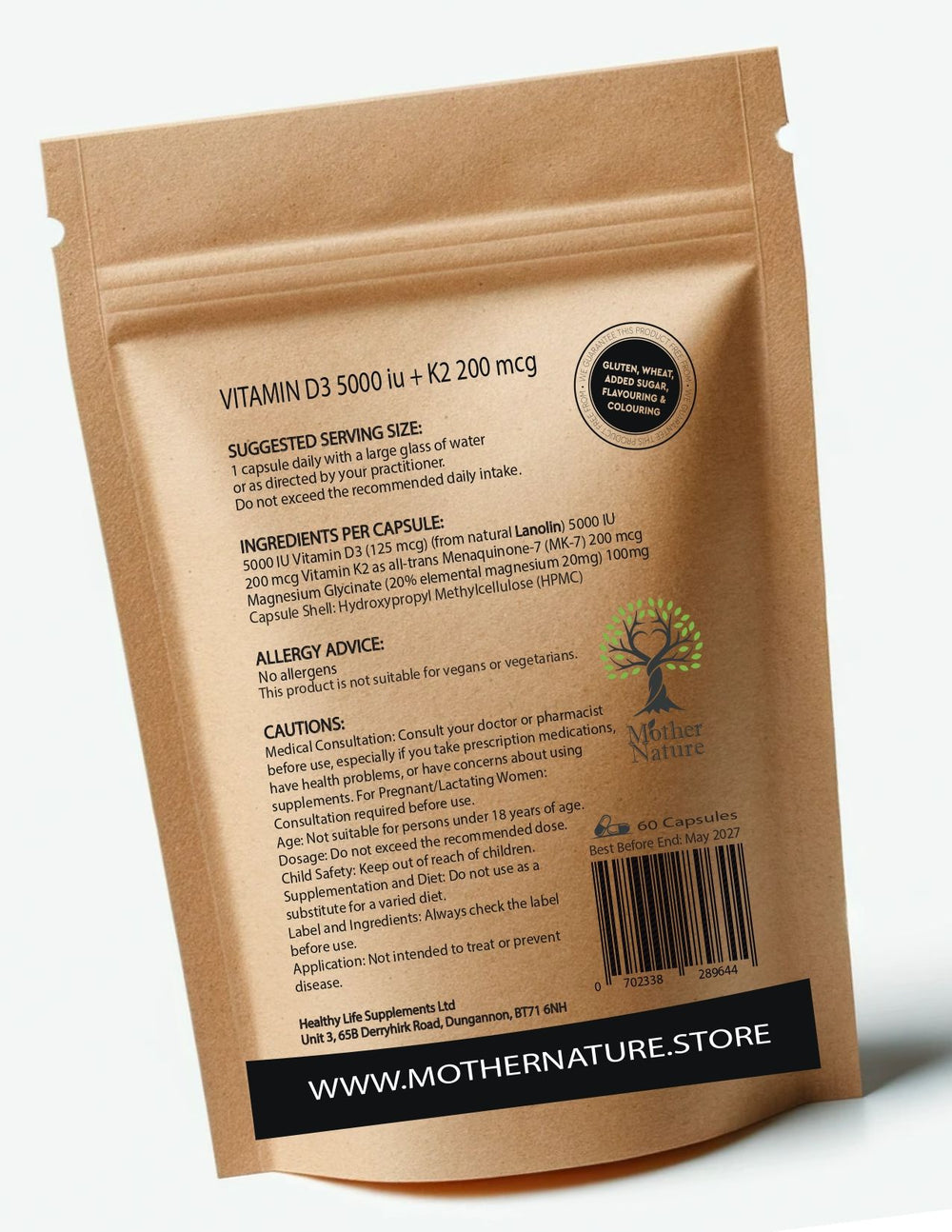 Vitamin D3 5000 IU + K2 MK7 200 mcg – back label