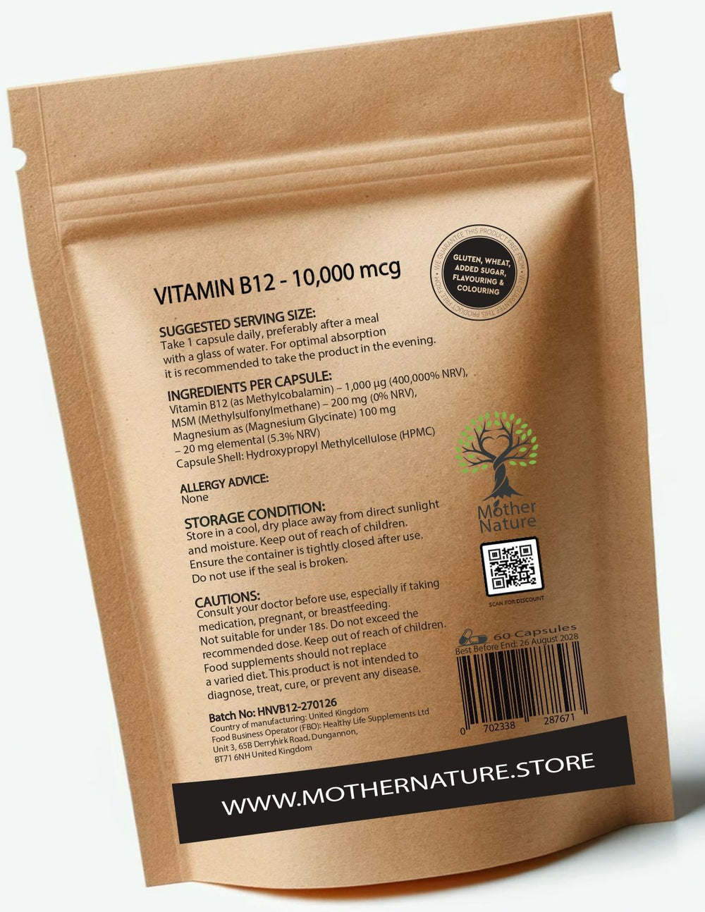 Vitamin B12 Methylcobalamin 10, 000 mcg – Mother Nature – back label