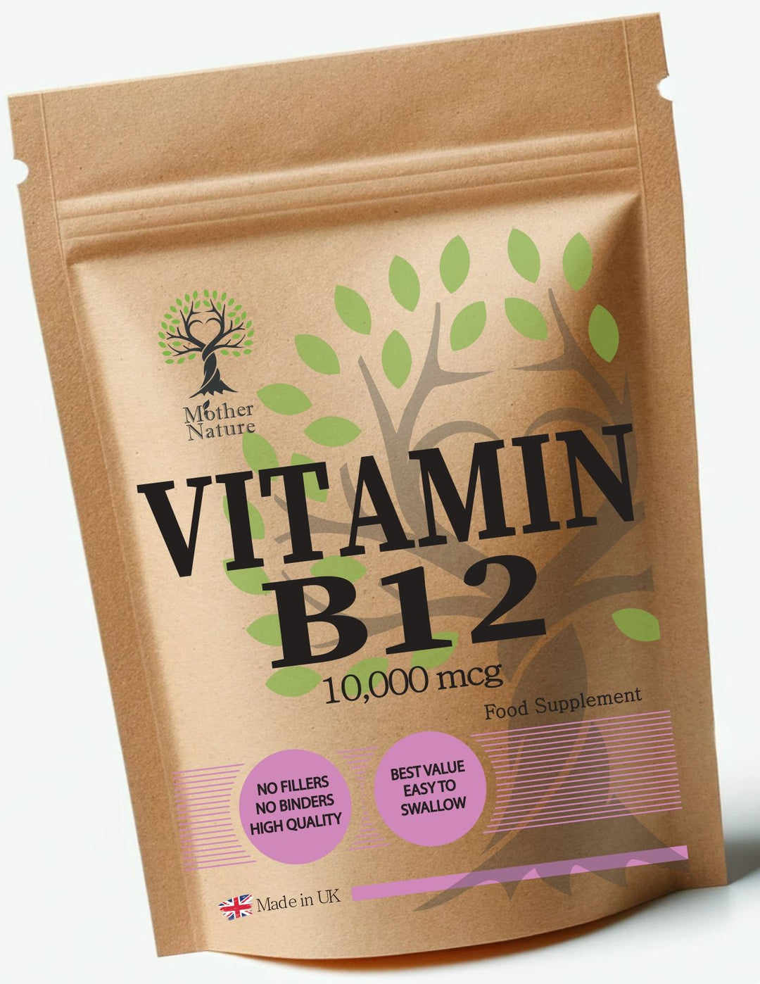 Vitamin B12 Methylcobalamin 10, 000 mcg – Mother Nature – front label