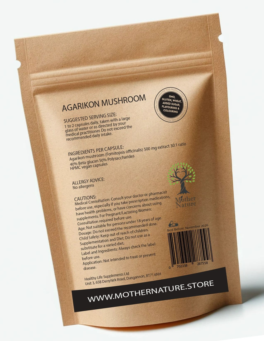 Agarikon Mushroom 500 mg – Mother Nature – back label
