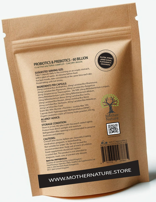 Probiotic & Prebiotic Complex – 60 Billion CFU with Inulin – Vegan Capsules – Mother Nature - MOTHER NATURE SUPPLEMENTSProbiotic & Prebiotic Complex – 60 Billion CFU with Inulin – Vegan Capsules – Mother NatureDiet Supplementss