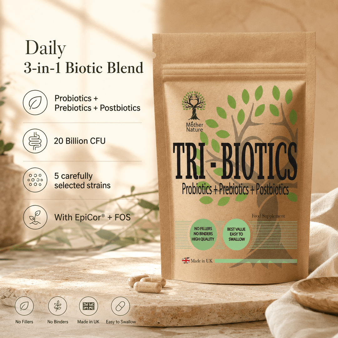 Tri-Biotics Complex – Advanced Probiotics, Prebiotics & Postbiotics Gut Health – Mother Nature - MOTHER NATURE SUPPLEMENTSTri-Biotics Complex – Advanced Probiotics, Prebiotics & Postbiotics Gut Health – Mother NatureDiet Supplements