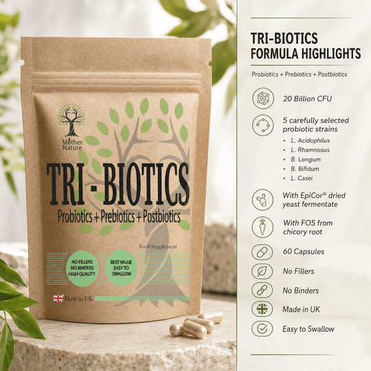 Tri-Biotics Complex – Advanced Probiotics, Prebiotics & Postbiotics Gut Health – Mother Nature - MOTHER NATURE SUPPLEMENTSTri-Biotics Complex – Advanced Probiotics, Prebiotics & Postbiotics Gut Health – Mother NatureDiet Supplements