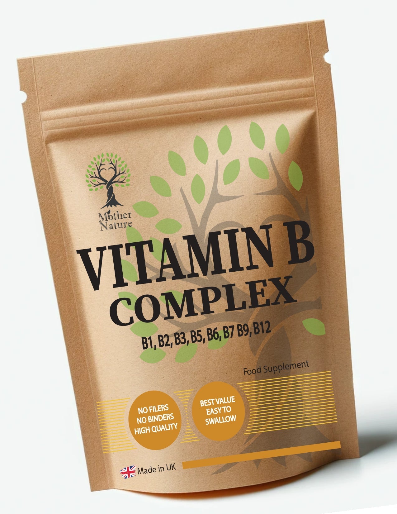 Vitamin B Complex B1, B2, B3, B5, B6, B12, Biotin, Folic Acid Vitamin B Capsules Vegan - MOTHER NATURE SUPPLEMENTSVitamin B Complex B1, B2, B3, B5, B6, B12, Biotin, Folic Acid Vitamin B Capsules Vegan