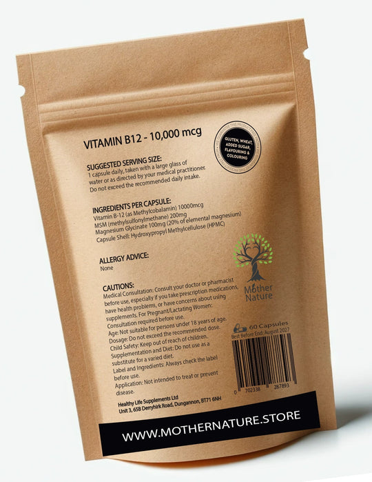 Vitamin B12 Capsules 10.000mcg Clean Vitamin B12 Supplement Methylcobalamin Vegan - MOTHER NATURE SUPPLEMENTSVitamin B12 Capsules 10.000mcg Clean Vitamin B12 Supplement Methylcobalamin VeganDiet Supplementss
