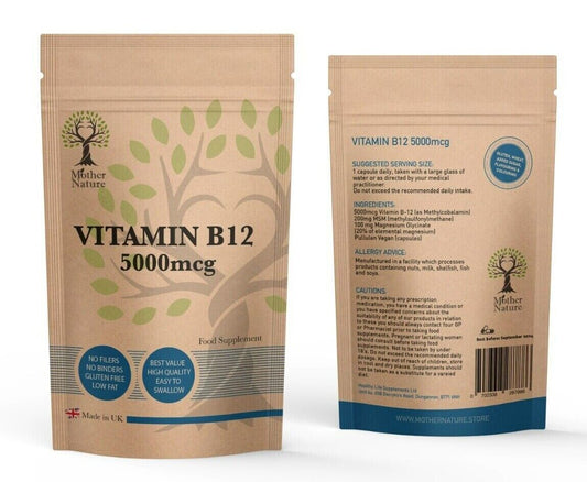 Vitamin B12 High Strength 5000mcg Capsules B12 Supplement Vit B12 Powder Vegan - MOTHER NATURE SUPPLEMENTSVitamin B12 High Strength 5000mcg Capsules B12 Supplement Vit B12 Powder Vegan