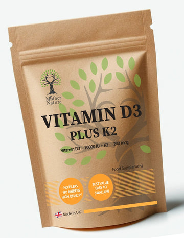 Vitamin D3 10000IU - K2 MK7 200 mcg UK Best Natural Powder Vegan Capsules Vitamin D3 K2 - MOTHER NATURE SUPPLEMENTSVitamin D3 10000IU - K2 MK7 200 mcg UK Best Natural Powder Vegan Capsules Vitamin D3 K2