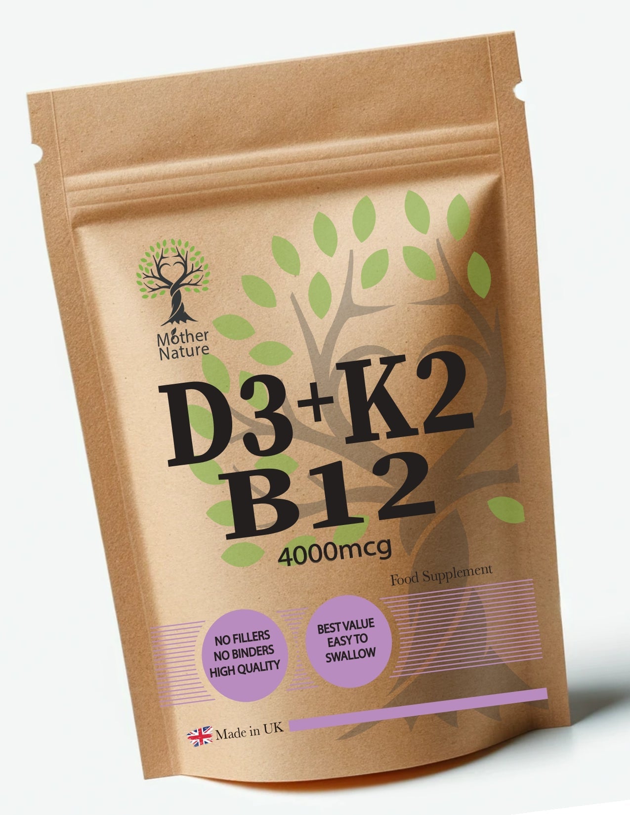 Vitamin D3 4000 IU + K2 MK7 200 mcg Vitamin B12 4000 mcg Clean natural – Mother Nature - MOTHER NATURE SUPPLEMENTSVitamin D3 4000 IU + K2 MK7 200 mcg Vitamin B12 4000 mcg Clean natural – Mother NatureDiet Supplementss