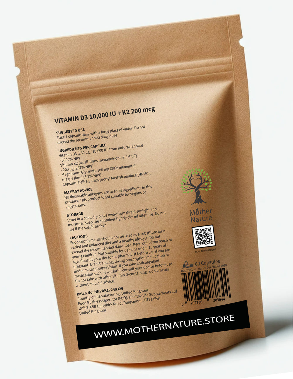 Vitamin D3 10,000 IU + K2 200 mcg - bottle back