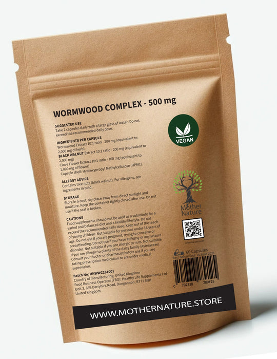 Wormwood Complex 500mg – Wormwood, Black Walnut & Clove | Vegan Capsules | Mother Nature - MOTHER NATURE SUPPLEMENTSWormwood Complex 500mg – Wormwood, Black Walnut & Clove | Vegan Capsules | Mother NatureDiet Supplements